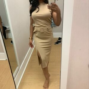Lily Rose Tan Ribbed Sheath Midi Dress